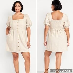 NWT Old Navy Puff Sleeve Linen Blend Mini Dress Size XL Button Front Square Neck
